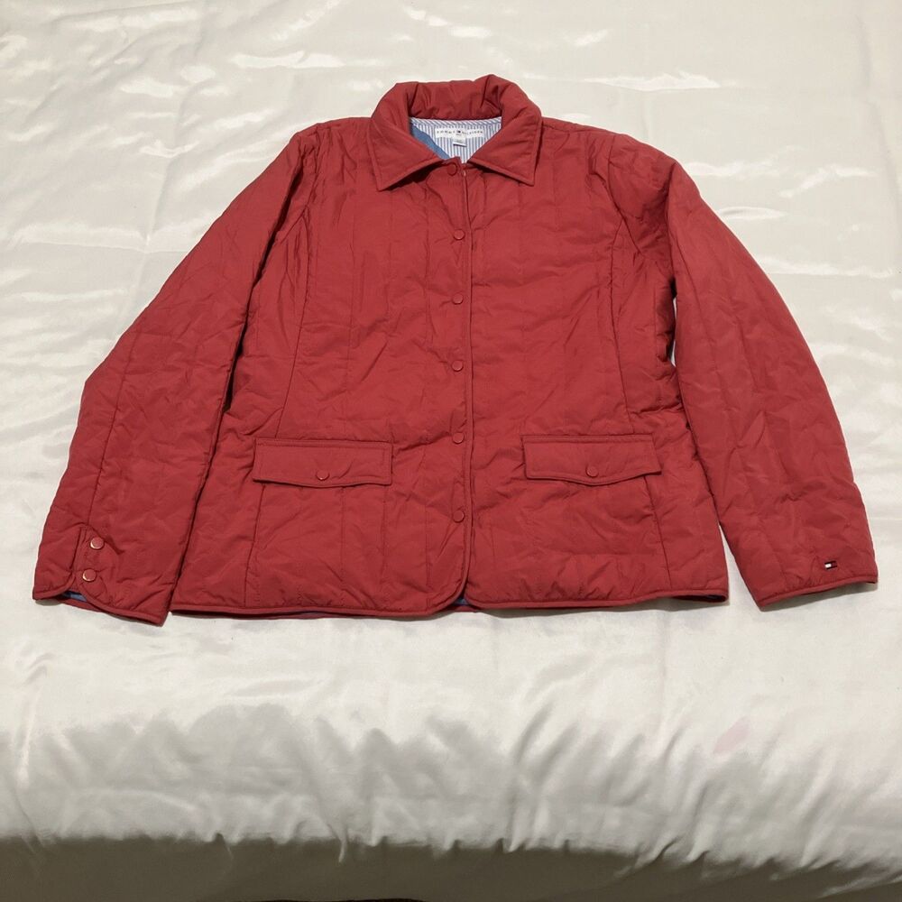 Tommy Hilfiger Golf Womens L Puffer Jacket Lined Coral Snaps Pockets Preppy